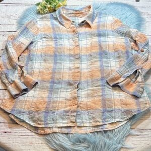Soft Surroundings Linen Crinkle Plaid Button Down Shirt sz 1X